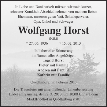 Traueranzeige von Wolfgang Horst von WVG - Wochenspiegel Quedlinburg
