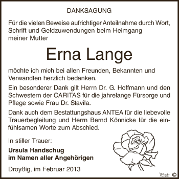 Traueranzeige von Erna Lange von Super Sonntag Zeitz