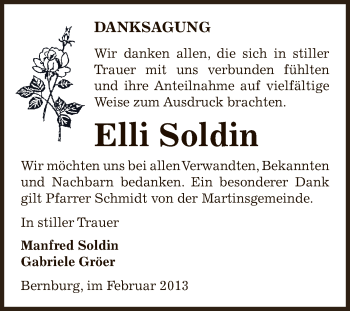 Traueranzeige von Elli Soldin von Super Sonntag Bernburg