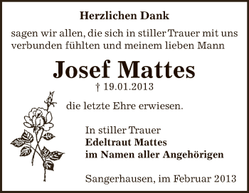Traueranzeige von Josef Mattes von Super Sonntag SGH Mansf. Land