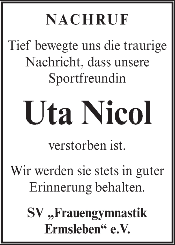 Traueranzeige von Uta Nicol von Super Sonntag Aschersleben