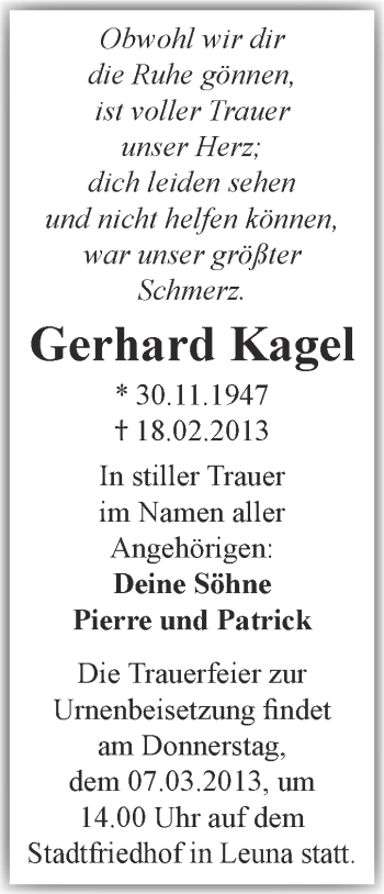 Traueranzeige von Gerhard Kagel von Super Sonntag Merseburg