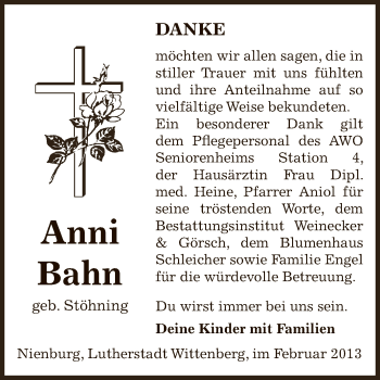 Traueranzeige von Anni Bahn von Super Sonntag Bernburg