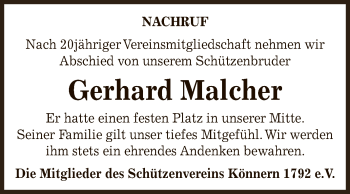 Traueranzeige von Gerhard Malcher von Super Sonntag Bernburg