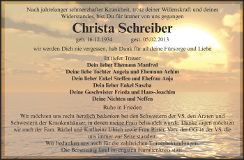 Traueranzeige von Christa Schreiber von WVG - Wochenspiegel Aschersleben