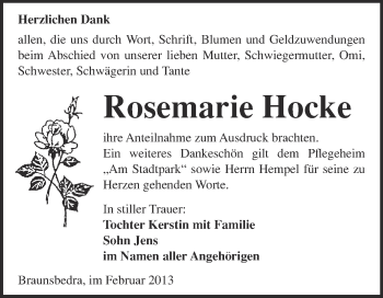 Traueranzeige von Rosemarie Hocke von WVG - Wochenspiegel Merseburg