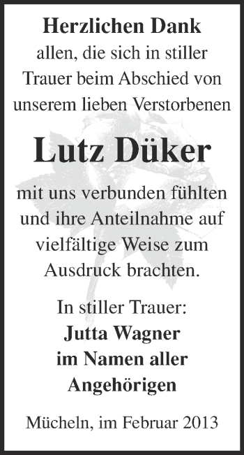 Traueranzeige von Lutz Düker von WVG - Wochenspiegel Merseburg