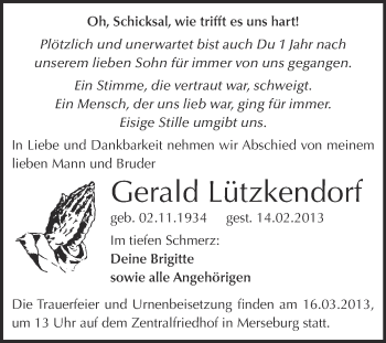 Traueranzeige von Gerald Lützkendorf von Super Sonntag Merseburg