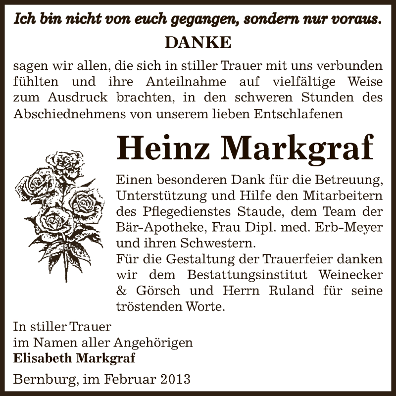  Traueranzeige für Heinz Markgraf vom 24.02.2013 aus Super Sonntag Bernburg