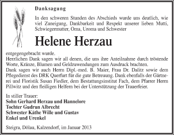 Traueranzeige von Helene Herzau von WVG - Wochenspiegel Merseburg
