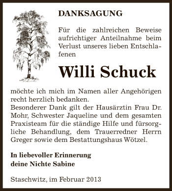 Traueranzeige von Willi Schuck von Super Sonntag Zeitz