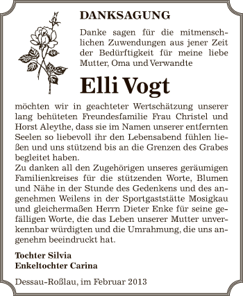 Traueranzeige von Elli Vogt von WVG - Wochenspiegel Dessau / Köthen