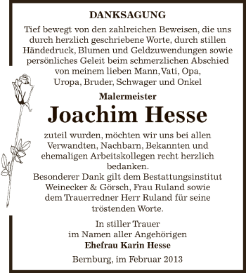 Traueranzeige von Joachim Hesse von Super Sonntag Bernburg