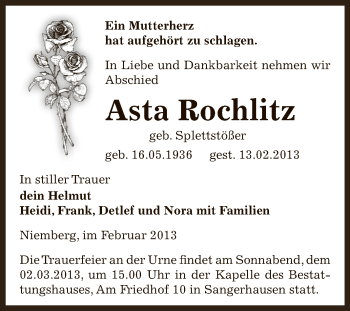 Traueranzeige von Asta Rochlitz von Super Sonntag SGH Mansf. Land