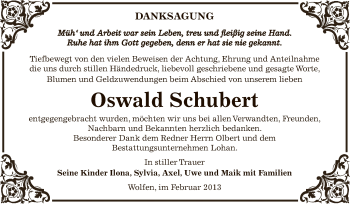 Traueranzeige von Oswald Schubert von WVG - Wochenspiegel Bitterfeld