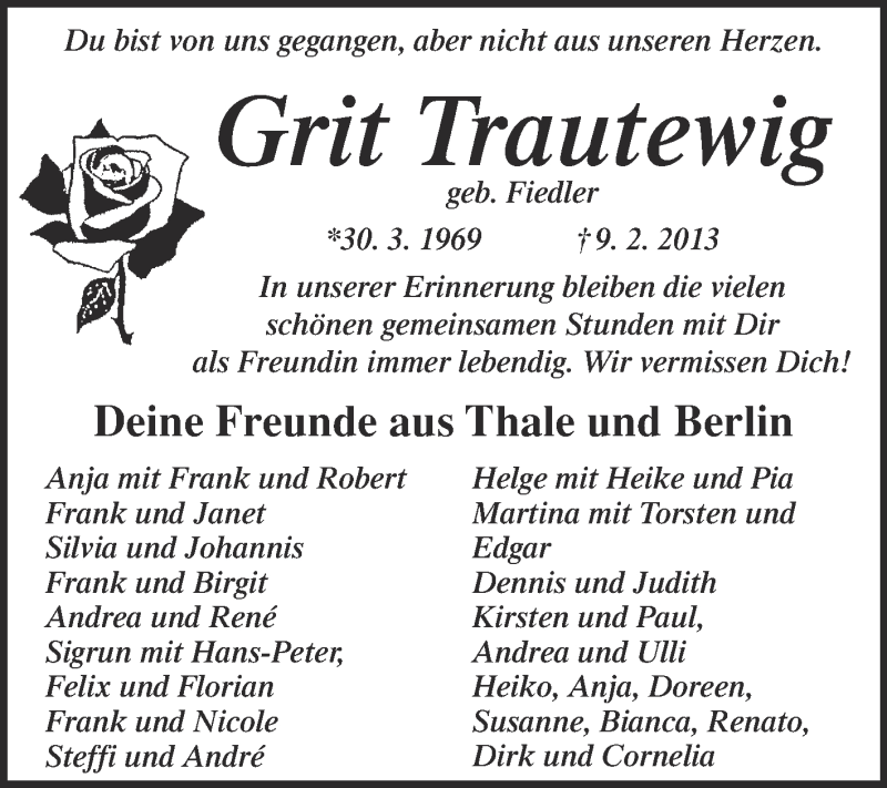  Traueranzeige für Grit Trautewig vom 24.02.2013 aus Super Sonntag Quedlinburg