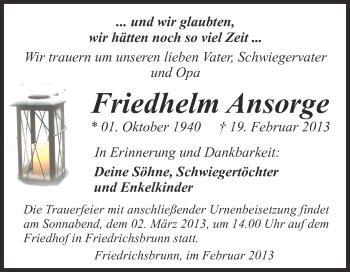 Traueranzeige von Friedhelm Ansorge von WVG - Wochenspiegel Quedlinburg