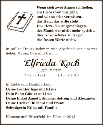 Traueranzeige von Elfrieda Koch von WVG - Wochenspiegel Bitterfeld