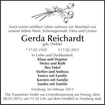 Traueranzeige von Gerda Reichardt von WVG - Wochenspiegel NMB / WSF / ZTZ