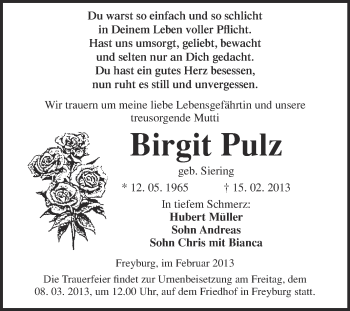 Traueranzeige von Birgit Pulz von WVG - Wochenspiegel NMB / WSF / ZTZ