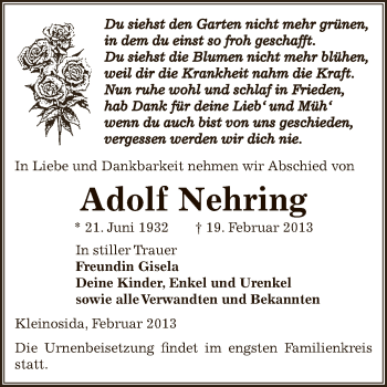 Traueranzeige von Adolf Nehring von Super Sonntag Zeitz