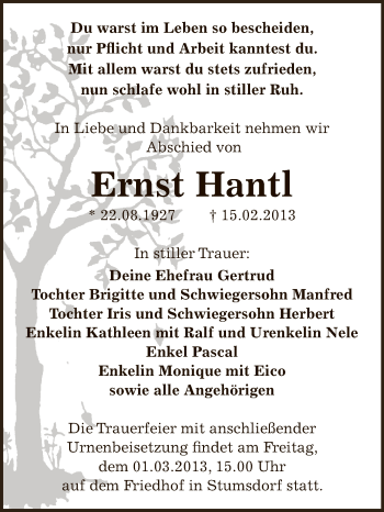 Traueranzeige von Ernst Hantl von WVG - Wochenspiegel Bitterfeld