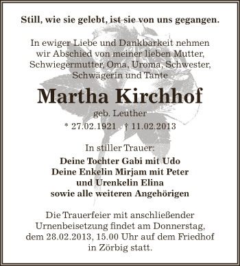 Traueranzeige von Martha Kirchhof von WVG - Wochenspiegel Bitterfeld