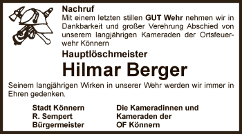 Traueranzeige von Hilmar Berger von Super Sonntag Bernburg