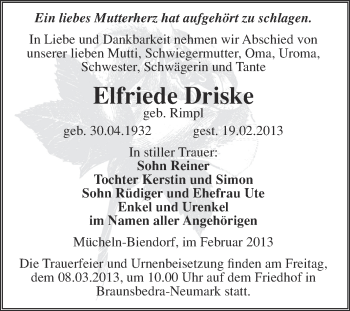 Traueranzeige von Elfriede Driske von WVG - Wochenspiegel Merseburg