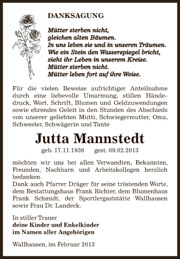Traueranzeige von Jutta Mannstedt von Super Sonntag SGH Mansf. Land
