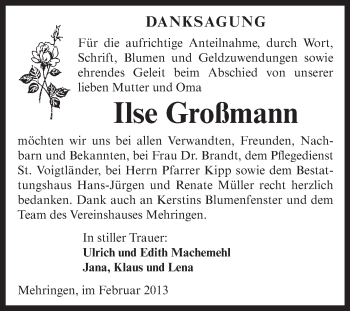 Traueranzeige von Ilse Großmann von WVG - Wochenspiegel Aschersleben
