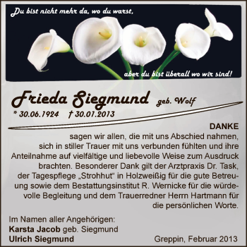 Traueranzeige von Frieda Siegmund von WVG - Wochenspiegel Bitterfeld