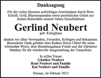 Traueranzeige von Gerlind Neubert von Super Sonntag Dessau / Köthen