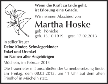 Traueranzeige von Martha Hoske von WVG - Wochenspiegel Merseburg