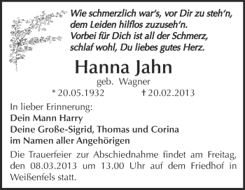 Traueranzeige von Hanna Jahn von WVG - Wochenspiegel NMB / WSF / ZTZ