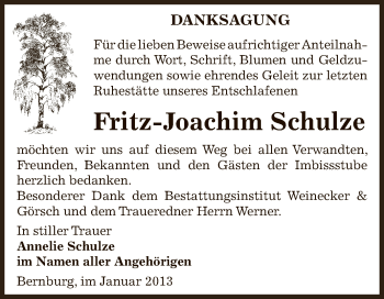 Traueranzeige von Fritz-Joachim Schulze von Super Sonntag Bernburg
