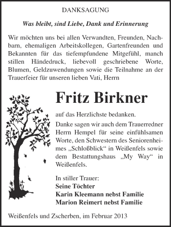 Traueranzeige von Fritz Birkner von Super Sonntag Merseburg