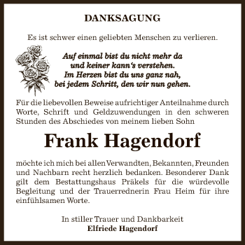 Traueranzeige von Frank Hagendorf von Super Sonntag Zeitz