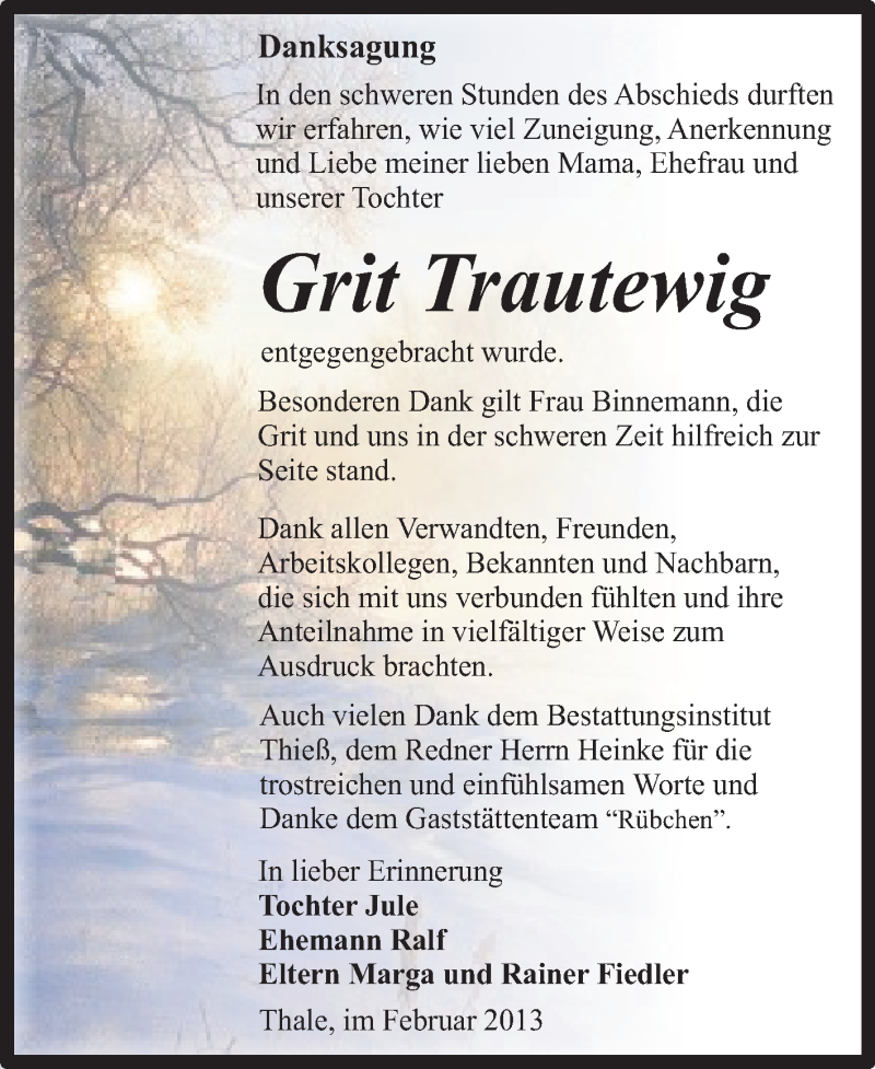  Traueranzeige für Grit Trautewig vom 27.02.2013 aus WVG - Wochenspiegel Quedlinburg