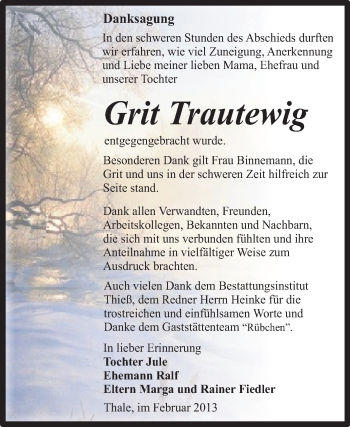 Traueranzeige von Grit Trautewig von WVG - Wochenspiegel Quedlinburg
