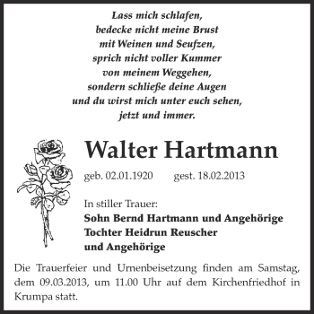 Traueranzeige von Walter Hartmann von WVG - Wochenspiegel Merseburg