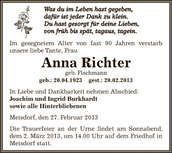 Traueranzeige von Anna Richter von Wochenspiegel Mansfelder Land