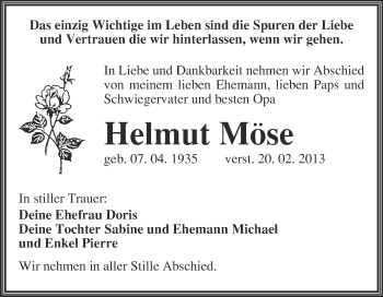 Traueranzeige von Helmut Möse von WVG - Wochenspiegel NMB / WSF / ZTZ