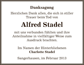 Traueranzeige von Alfred Stadel von Super Sonntag SGH Mansf. Land