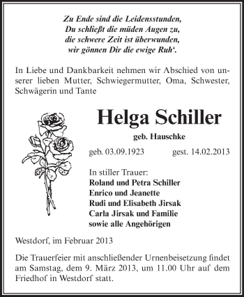 Traueranzeige von Helga Schiller von Super Sonntag Aschersleben