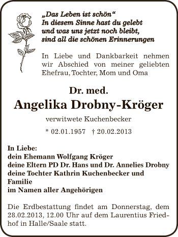 Traueranzeige von Angelika Drobny-Kröger von WVG - Wochenspiegel Bitterfeld