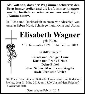 Traueranzeige von Elisabeth Wagner von WVG - Wochenspiegel Quedlinburg