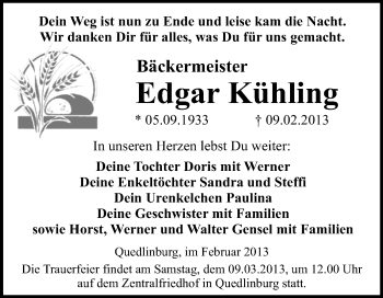 Traueranzeige von Edgar Kühling von WVG - Wochenspiegel Quedlinburg