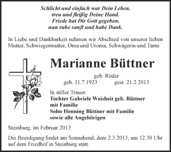Traueranzeige von Marianne Büttner von WVG - Wochenspiegel NMB / WSF / ZTZ