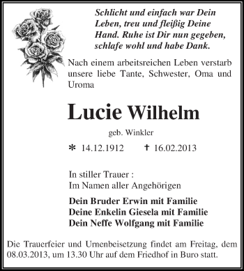 Traueranzeige von Lucie Wilhelm von WVG - Wochenspiegel Dessau / Köthen